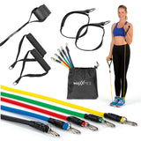MAXXMEE Trainings-Set Fitness-Bänder 11-tlg. mit 5 farbigen Bändern, Griffen, Knöchelbändern und Türanker für vielseitiges Training.