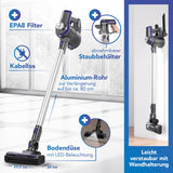 CLEANmaxx Akku-Zyklon-Staubsauger anthrazit/lila mit kabellosem Betrieb, abnehmbarem Staubbehälter und LED-Bodendüse, wandmontierbar.
