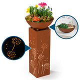 Hoberg LED Pflanzsäule in Rost-Optik mit Pusteblumen-Design, abnehmbare Pflanzschale, batteriebetrieben, wetterfest, 19 x 19 x 72 cm.