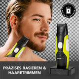 MAXXMEE 4 in1 Rasierer Set schwarz/grün mit 4 Trimmaufsätzen und Edelstahlklingen für präzises Rasieren und Haartrimmen.