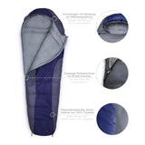 Where Tomorrow Camping Schlafsack Classic Mumienschlafsack mit Wasserabweisendem Außenmaterial und Kordelzug Wärmekragen in Dunkelblau.