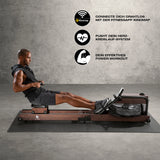 FitEngine klappbares Wasser-Rudergerät 2.0 - Dark Brown mit hochwertigem Eschenholz, kabelloser Kinomap-Kompatibilität und effektiven Trainingsdaten.