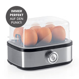GOURMETmaxx Eierkocher für 6 Eier aus Edelstahl mit transparentem Deckel, Signalton und herausnehmbarem Eierhalter.