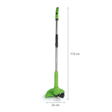 GARVIDA Akku-Rasentrimmer mit Kabelbindern und Trimmerfäden, höhenverstellbar, mit Schutzblende, grün, 113 cm hoch, 24 cm breit.