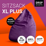 LUMALAND Luxury XL PLUS Sitzsack lila mit 220L Füllung, extra starke Nähte, Micro-Velours Look, ideal für Indoor-Bereich.
