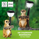 EASYmaxx Solarleuchte Erdmännchen mit Laterne/Schild, solarbetrieben, LED-Licht, detailgetreu und dekorativ, mit "Welcome"-Schild.