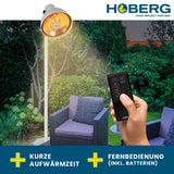 Hoberg Infrarot-Heizstrahler mit Standfuß im Lampen-Design, 3 Heizstufen, Fernbedienung, für drinnen und draußen geeignet.