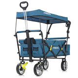 HOBERG faltbarer Bollerwagen mit Dach in Blau, robust, faltbar, mit Griff, wasserfestes Dach und 360°-Vorderrädern, ideal für Freizeit.