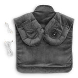 MAXXMEE Massage-Heizdecke grau mit 3 Massagemodi, 3 Heizstufen, Auto-Off und 2 USB-Kabeln für flexible Anwendung.