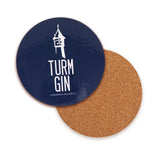 TURM GIN Untersetzer Kork - blau mit Logo, rutschfest, schützt Tischplatten, 10 cm Ø, typisches Design, Korkmaterial.