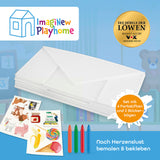Imaginew Playhome Spielhaus Bauernhof & Kaufmannsladen zum Bemalen und Bekleben mit Stiften und Stickern, wiederverwendbar und kreativ.
