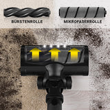 N8WERK Akku-Staubsauger mit Touch Display und automatischer Schmutzerkennung zeigt Bürsten- und Mikrofaserrolle für effektive Reinigung.