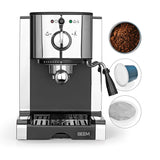 BEEM ESPRESSO-PERFECT Espresso-Siebträgermaschine mit 20 bar Pumpe, Kapseleinsatz, Milchschaumdüse und abnehmbarem Wassertank.