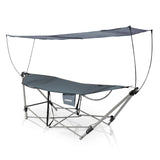 Hoberg klappbare Hängematte mit Sonnendach aus robustem Stahl und Polyester, mit praktischer Tragetasche und integriertem Sonnenschutz.