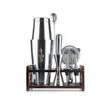 TURM GIN Cocktail Shaker Set 10-tlg. aus Edelstahl mit Holzständer, inkl. Shaker, Messbecher, Löffel, Sieb, Stößel und Ausschenker.