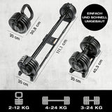 FitEngine verstellbare Multifunktionshantel als Kettlebell, Kurz- und Langhantel, 3–24 kg, kompakt und leicht umbaubar.
