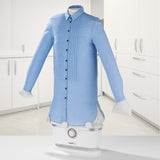 MAXXMEE Bügler für Hemden & Blusen in Weiß/Silber zeigt ein gebügeltes Hemd auf automatischem Trocken- und Bügelgerät.