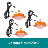EASYmaxx Solar-Generator Kit 10000mAh mit 3 mobilen orangefarbenen LED-Leuchten und langen Kabeln für flexible Nutzung.