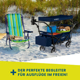 Hoberg Faltbarer Bollerwagen "Premium Class" Marineblau mit robustem Rahmen, UV-Dach, Getränkehalter und Kühltasche für 80 kg Belastung.