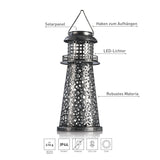 GARVIDA Solar-Leuchte Leuchtturm - silber, dekorativer solarbetriebener Metall-Leuchtturm mit LED-Licht für Garten und Terrasse.
