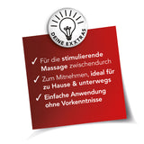 Rotes Quadrat mit deutschem Text, der die Produktvorteile auflistet, und einem „Deine Extras“-Symbol mit einer Glühbirne oben.