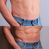 MAXXMEE Bauchmuskelgürtel EMS schwarz an männlichem Bauch, 6 Programme, 9 Intensitätsstufen, flexibel, unisize bis 140 cm Umfang.