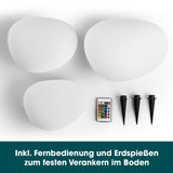 EASYmaxx Solar-Leuchten Set Stein flach 3-tlg. mit Fernbedienung und Erdspießen, 3 Solar-Gartenleuchten in Stein-Optik, IP67 witterungsbeständig.