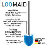 LOOMAID Toilettenbürste mit blauem Silikonkopf, Edelstahlgriff und deutschem Qualitätszertifikat.