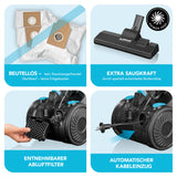 MAXXMEE Zyklon-Staubsauger - schwarz mit beutellosem Design, extra Saugkraft, abnehmbarem Abluftfilter und automatischem Kabeleinzug.