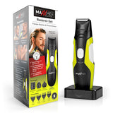 MAXXMEE 4 in1 Rasierer Set mit 4 Trimmaufsätzen und Rasierköpfen, elektrisch, schwarz/grün, für präzises Bart- und Haarstyling.