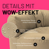 LUMALAND Sitzsack Lounge (320 L) beige mit abnehmbarem Bezug, starkem Abperleffekt, extrastarken Nähten und verdecktem Reißverschluss.