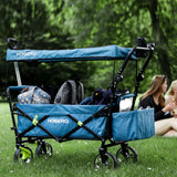 HOBERG faltbarer Bollerwagen mit Dach in Blau, robust, faltbar, mit 360°-Rädern, Getränkehalter und Kühltasche für Freizeit und Hobby.