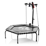 FitEngine Fitness-Trampolin Smart mit 5-fach höhenverstellbarem Haltegriff, Trainingscomputer, Handy- und Flaschenhalter.