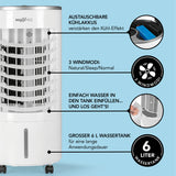 MAXXMEE Luftkühler Mobil 65 W mit 6 l Wassertank, 3 Windmodi, austauschbaren Kühlakkus, mobil und leise für kühle Raumluft.