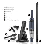 MAXXMEE Akku-Handstaubsauger anthrazit mit 2000mAh BLDC Motor, Ladestation, 3 Düsen und beutellosem HEPA-Filter.
