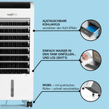 MAXXMEE Luftkühler Mobil 80 W mit austauschbarem Kühlakku, 3,5 l Tank und praktischen Rollen für einfache Mobilität.