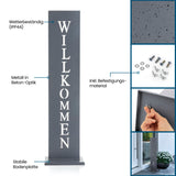 Hoberg Beton-Schild mit "Willkommen" aus pulverbeschichtetem Metall in Beton-Optik, wetterbeständig und mit stabiler Bodenplatte.