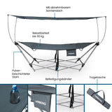 Hoberg klappbare Hängematte mit Sonnendach, pulverbeschichtetem Stahlrahmen, Tragetasche und Befestigungsbändern für flexiblen Einsatz.