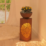 EASYmaxx LED-Dekosäule mit Planzschale Rost-Optik "Mandala" beleuchtet Mandala-Design und Pflanzschale, batteriebetrieben, 59 cm hoch.