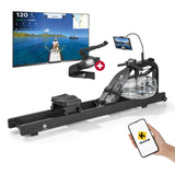 FitEngine Wasser-Rudergerät Smart + Herzfrequenzmesser | schwarz mit Wasserwiderstand und Kinomap kompatibler Trainingsapp.