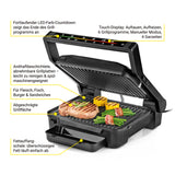 N8WERK Digital-Kontakt-Grill Midnight Edition mit 2000W, Touch-Display, 6 Grillprogrammen, abnehmbaren Antihaftplatten und Fettauffangschale.