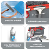 CLEANmaxx Fensterreiniger-Set - 7-tlg. inkl. Reiniger, Eimer, Mikrofasertuch für streifenfreie Fenster im Haus und Auto.