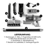 MAXXMEE Akku-Zyklon-Staubsauger PLUS mit Mikrofaserbürste, kabellos, beutellos, mit LED-Licht und Zubehör, silber/schwarz.