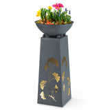 Hoberg LED Pflanzsäule in Beton-Optik 23x23x70 cm mit Gingkoblätter-Design, LED-Beleuchtung und abnehmbarer Pflanzschale.