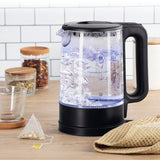 GOURMETmaxx Glas-Wasserkocher LED 1,7l schwarz matt mit Wasserstandsanzeige, Blauem LED-Effekt und 360° drehbarem Sockel.