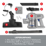 CLEANmaxx Akku-Zyklon-Staubsauger 22,2V mit Zubehör: Bodendüse, Fugendüse, Kombidüse, Teleskoprohr, Wandhalterung und Netzteil in hellgrau/blau.
