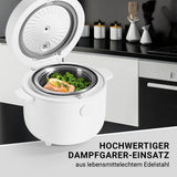 N8WERK Digitaler Reiskocher mit hochwertigem Dampfgareinsatz aus lebensmittelechtem Edelstahl für vielseitiges und gesundes Kochen.
