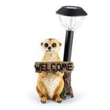 EASYmaxx Solarleuchte Erdmännchen mit Laterne/Schild, detailgetreu, bemalt, LED-Licht, solarbetrieben, mit "Welcome"-Schild und Dämmerungssensor.