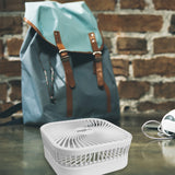 MAXXMEE Akku-Ventilator klappbar weiß, kompakt, akkubetrieben, leise, ideal für Tisch, Standgerät, indoor und outdoor Nutzung.