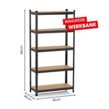 EASYmaxx Schwerlastregal mit 5 belastbaren Holzböden, 180x90x40 cm, schwarz, 2er-Set, optional als Werkbank nutzbar.